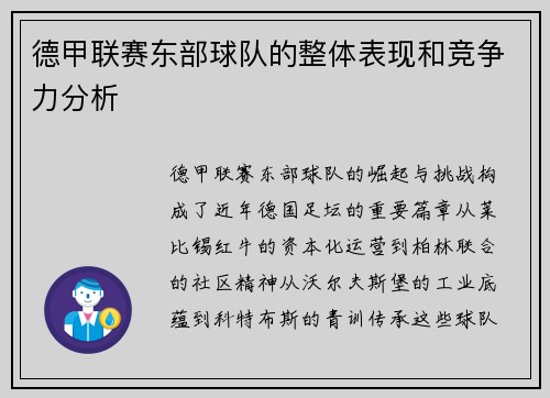 德甲联赛东部球队的整体表现和竞争力分析